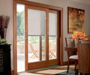 Close up showcase of brown color sliding door with glasses.